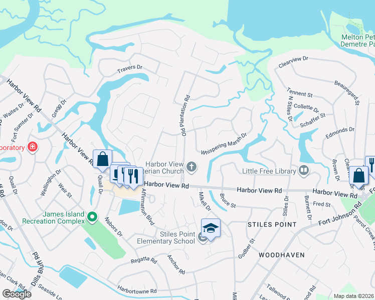map of restaurants, bars, coffee shops, grocery stores, and more near 744 Old Plantation Road in Charleston