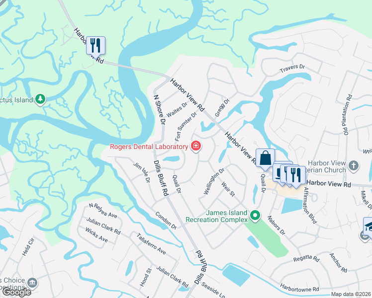 map of restaurants, bars, coffee shops, grocery stores, and more near 762 Fort Sumter Drive in Charleston