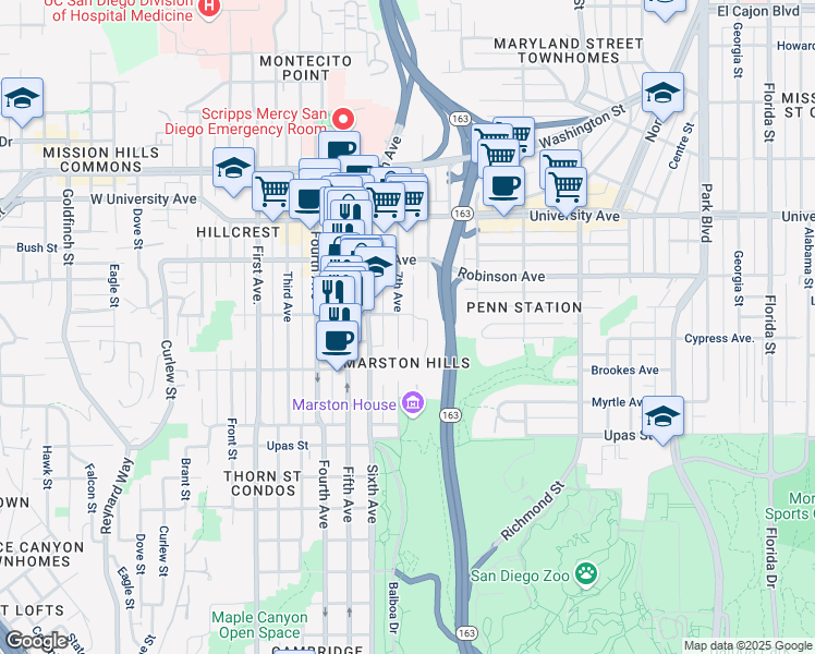 map of restaurants, bars, coffee shops, grocery stores, and more near 3675 7th Avenue in San Diego