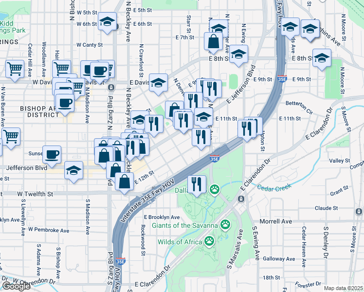 map of restaurants, bars, coffee shops, grocery stores, and more near 409 East 12th Street in Dallas