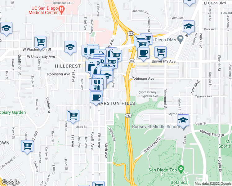 map of restaurants, bars, coffee shops, grocery stores, and more near 3675 7th Avenue in San Diego
