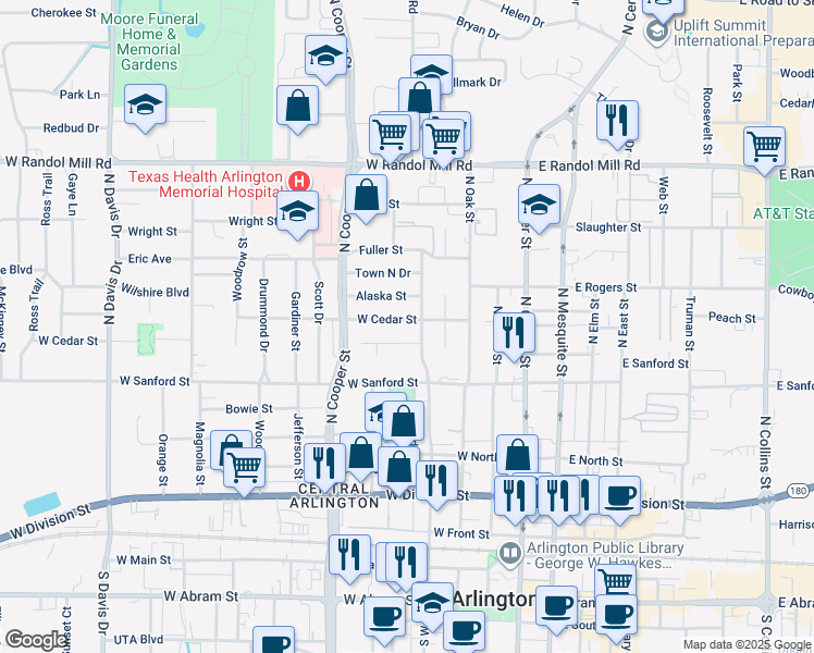 map of restaurants, bars, coffee shops, grocery stores, and more near 508 West Cedar Street in Arlington