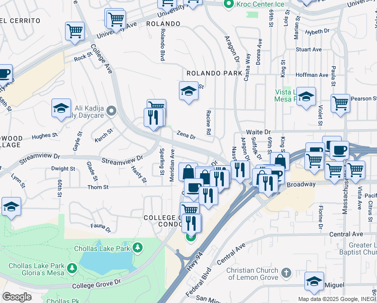 map of restaurants, bars, coffee shops, grocery stores, and more near 3517 College Avenue in San Diego