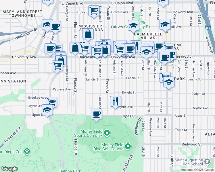 map of restaurants, bars, coffee shops, grocery stores, and more near 3672 Texas Street in San Diego