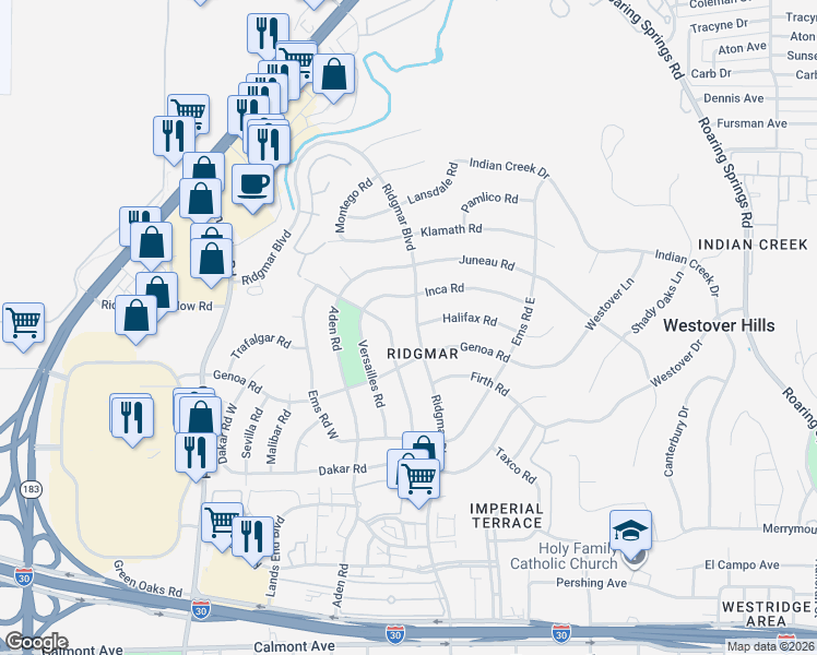 map of restaurants, bars, coffee shops, grocery stores, and more near 1512 Ridgmar Boulevard in Fort Worth