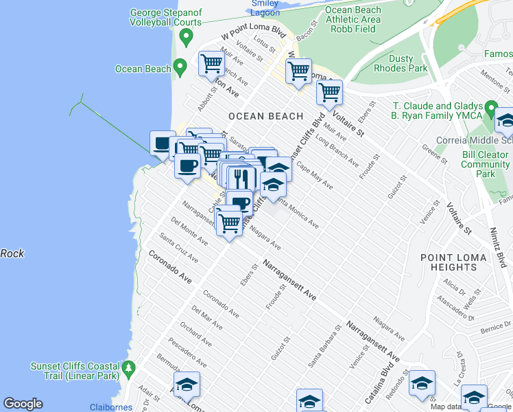 map of restaurants, bars, coffee shops, grocery stores, and more near 4800 Newport Avenue in San Diego