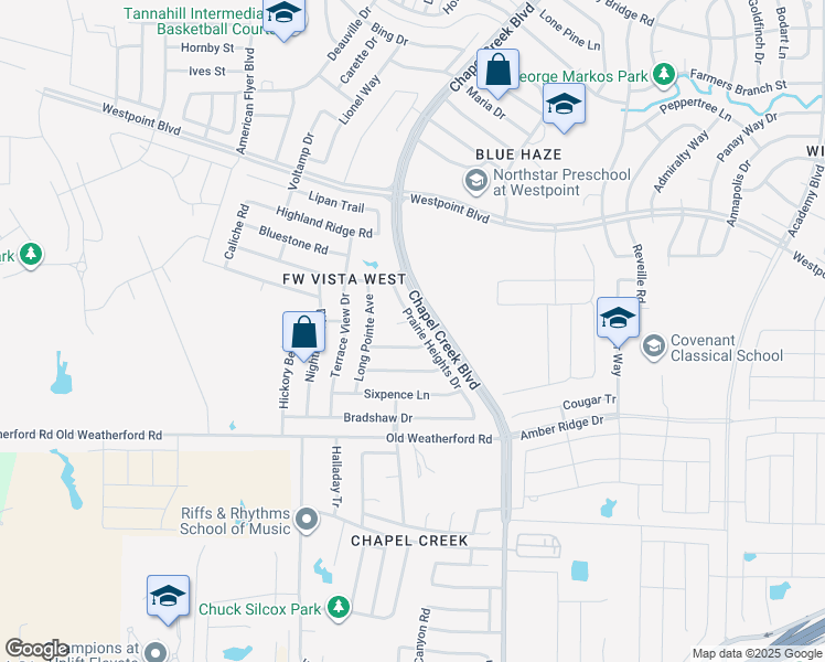 map of restaurants, bars, coffee shops, grocery stores, and more near 10401 Prairie Heights Ct in Fort Worth