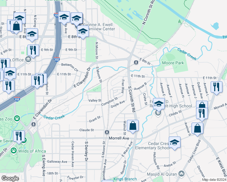 map of restaurants, bars, coffee shops, grocery stores, and more near 123 Tonga Street in Dallas