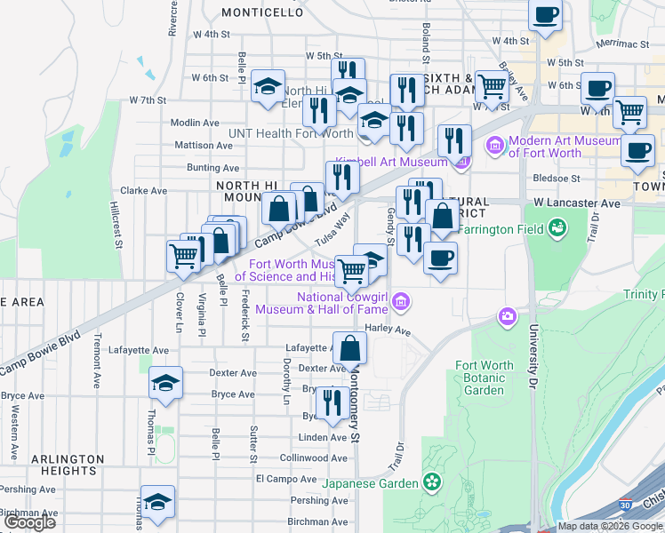 map of restaurants, bars, coffee shops, grocery stores, and more near 3619 Watonga Street in Fort Worth