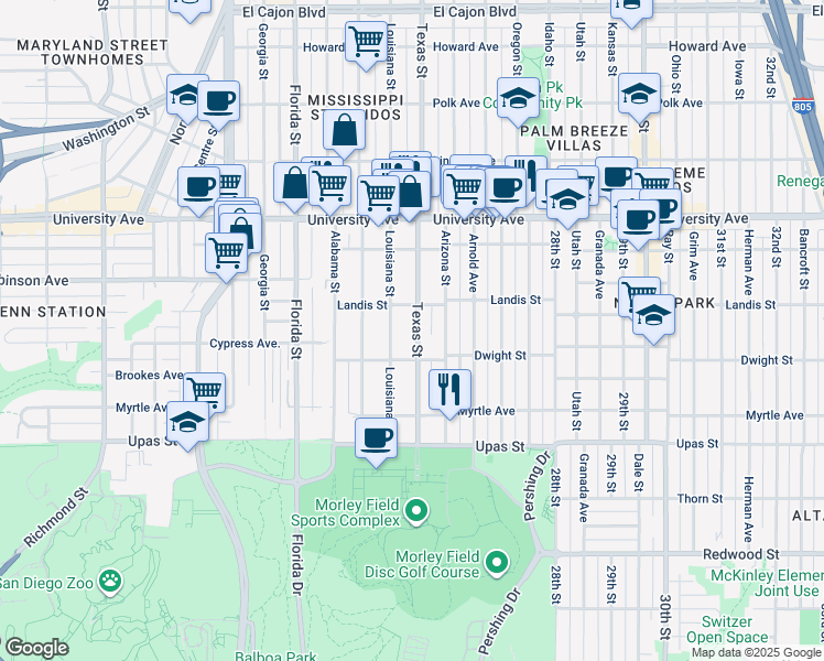 map of restaurants, bars, coffee shops, grocery stores, and more near 3652 Texas Street in San Diego