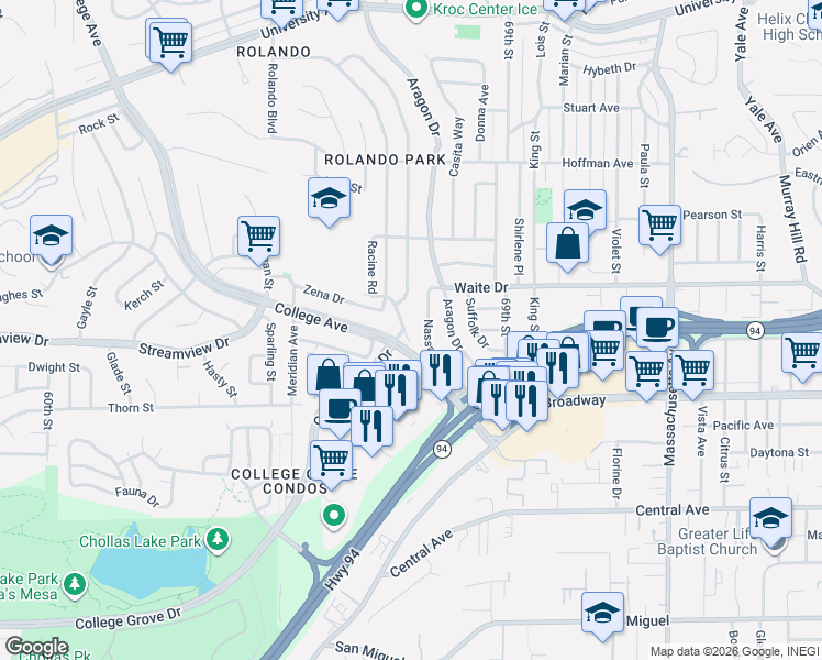 map of restaurants, bars, coffee shops, grocery stores, and more near 3711 Racine Road in San Diego