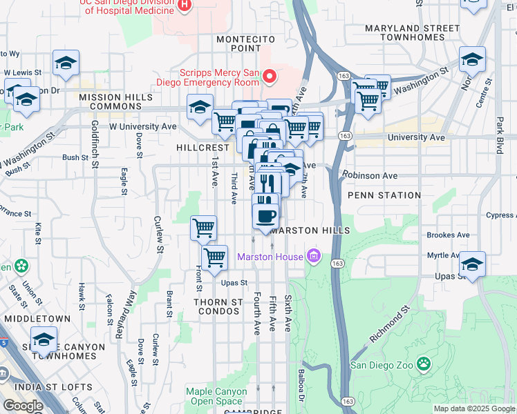 map of restaurants, bars, coffee shops, grocery stores, and more near 3687 Fourth Avenue in San Diego