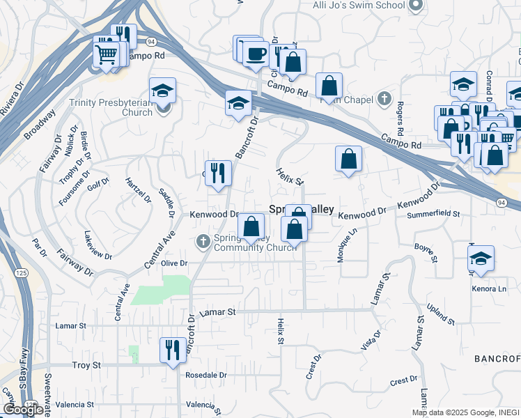 map of restaurants, bars, coffee shops, grocery stores, and more near 9114 Kenwood Drive in Spring Valley