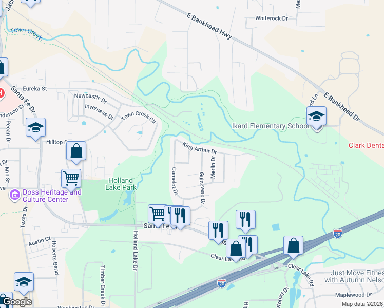 map of restaurants, bars, coffee shops, grocery stores, and more near 104 King Arthur Court in Weatherford