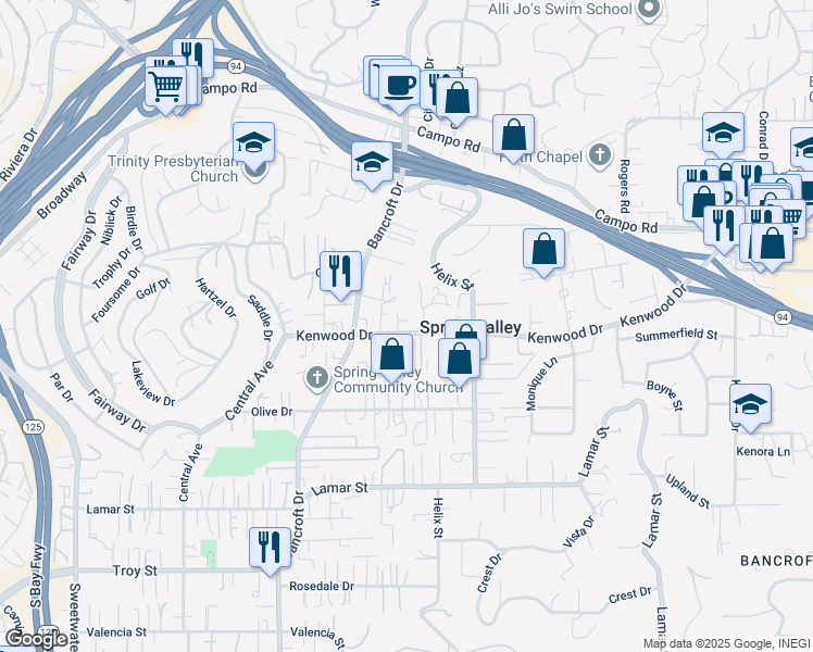 map of restaurants, bars, coffee shops, grocery stores, and more near 9114 Kenwood Drive in Spring Valley