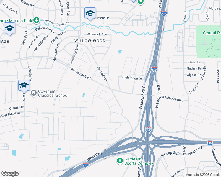 map of restaurants, bars, coffee shops, grocery stores, and more near 9901 Westpoint Boulevard in Fort Worth