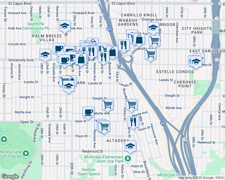map of restaurants, bars, coffee shops, grocery stores, and more near 3647 Bancroft Street in San Diego