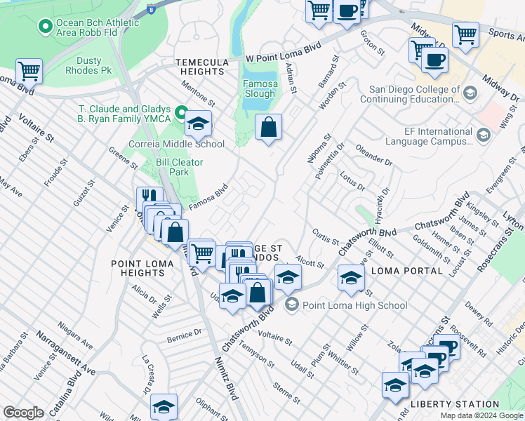 map of restaurants, bars, coffee shops, grocery stores, and more near 2412 Worden Street in San Diego