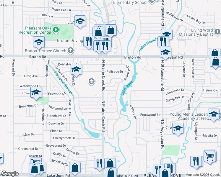 map of restaurants, bars, coffee shops, grocery stores, and more near 9225 Pondview Drive in Dallas