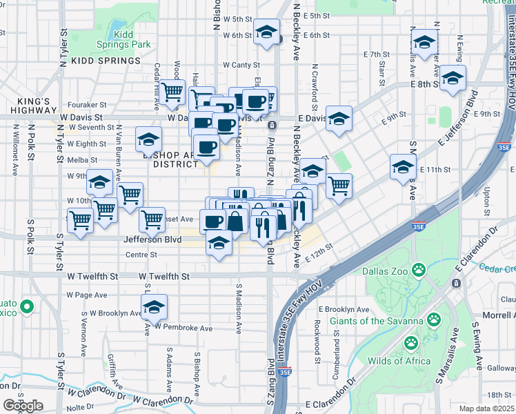 map of restaurants, bars, coffee shops, grocery stores, and more near 206 West 10th Street in Dallas