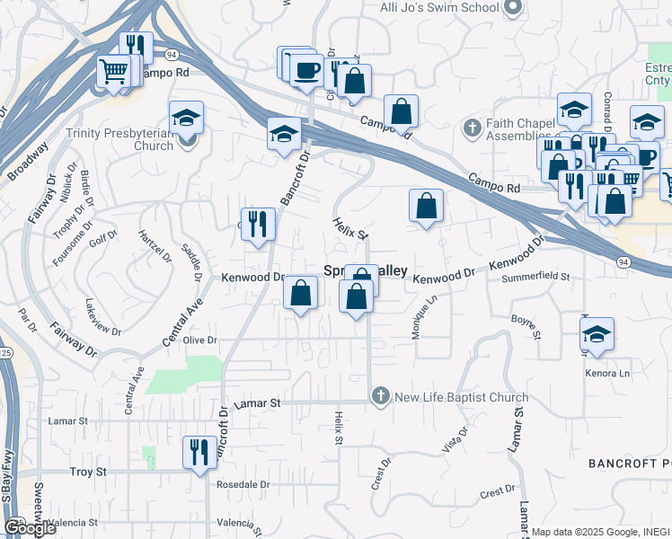 map of restaurants, bars, coffee shops, grocery stores, and more near 9210 Kenwood Drive in Spring Valley