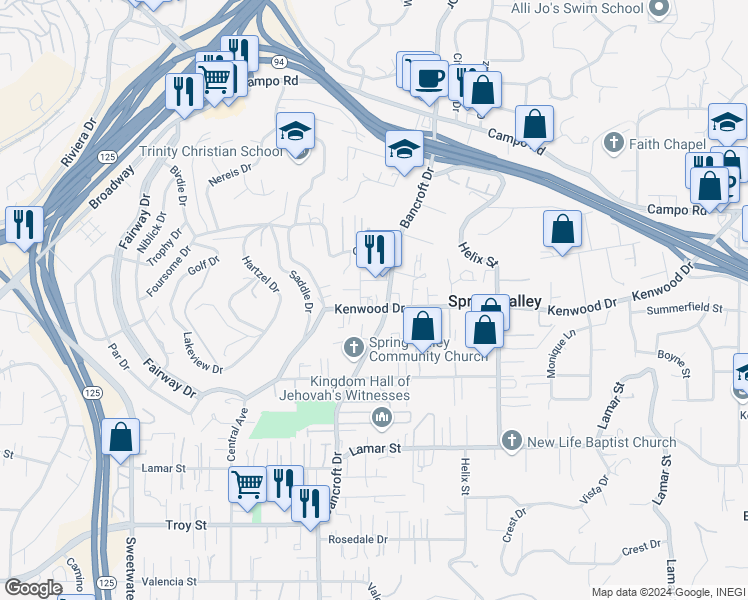 map of restaurants, bars, coffee shops, grocery stores, and more near 3519 Gracia Paseo in Spring Valley