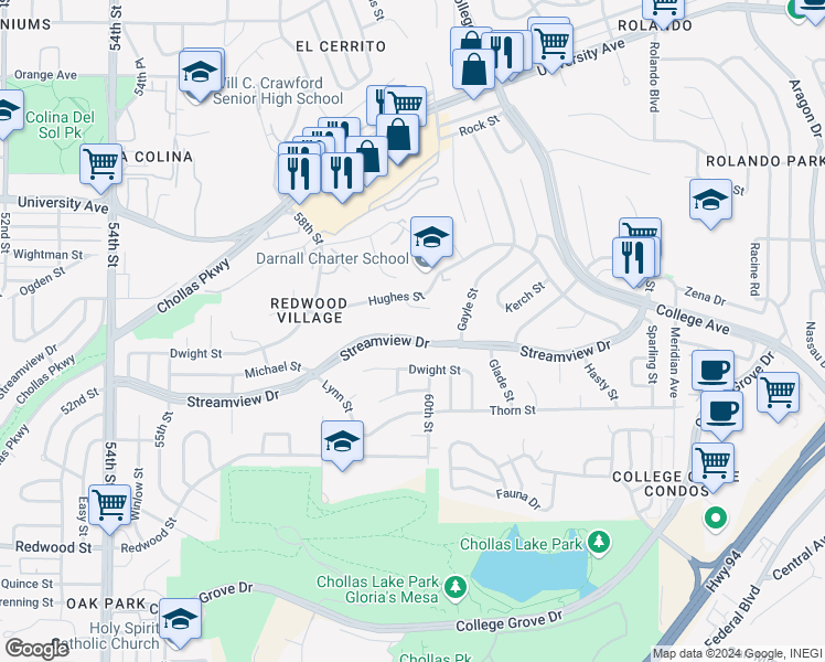 map of restaurants, bars, coffee shops, grocery stores, and more near 5964 Streamview Drive in San Diego
