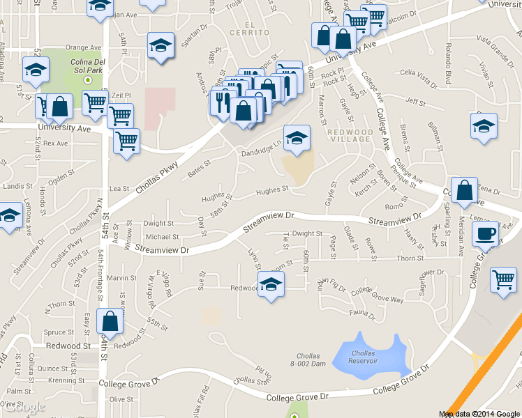 map of restaurants, bars, coffee shops, grocery stores, and more near 5851 Hughes Street in San Diego