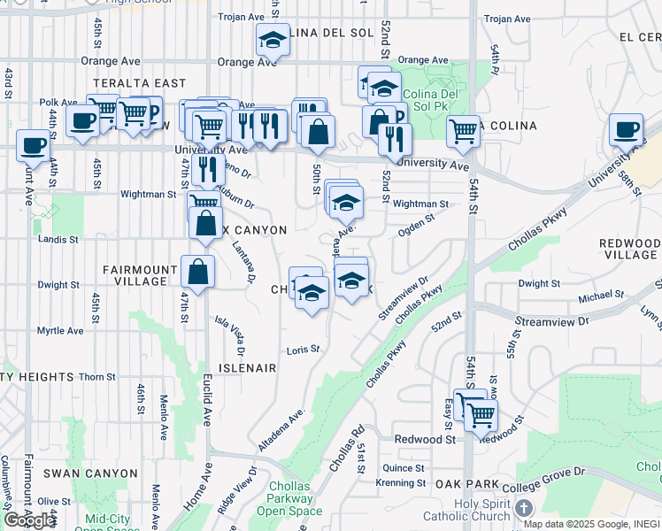 map of restaurants, bars, coffee shops, grocery stores, and more near 3623 50th Street in San Diego