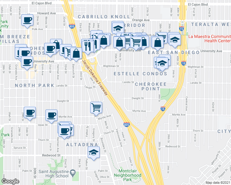 map of restaurants, bars, coffee shops, grocery stores, and more near 3642 35th Street in San Diego