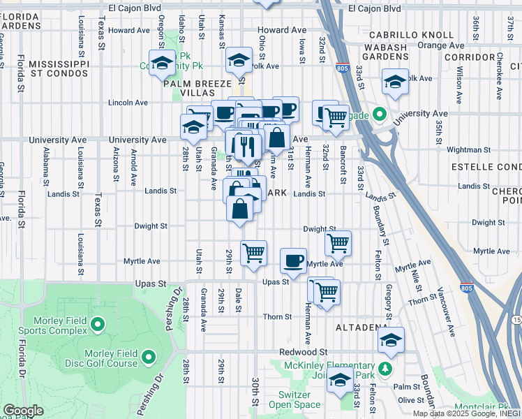 map of restaurants, bars, coffee shops, grocery stores, and more near in San Diego