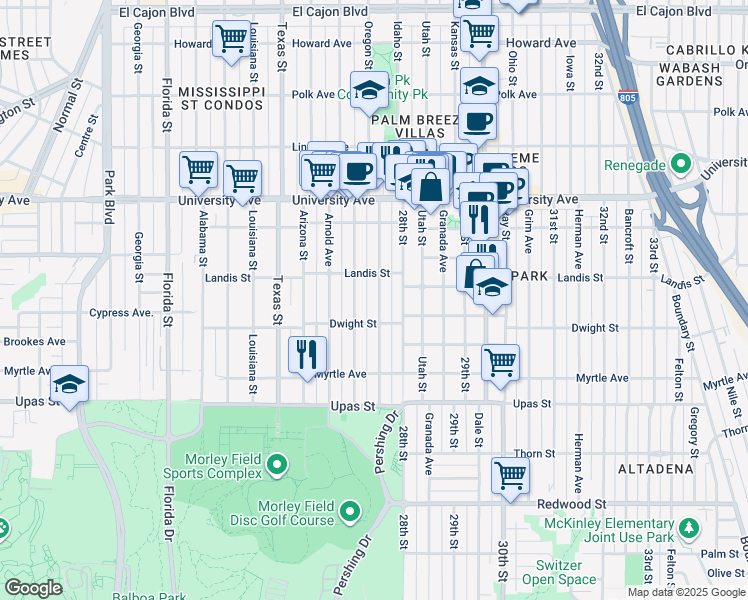 map of restaurants, bars, coffee shops, grocery stores, and more near 3660 Pershing Avenue in San Diego