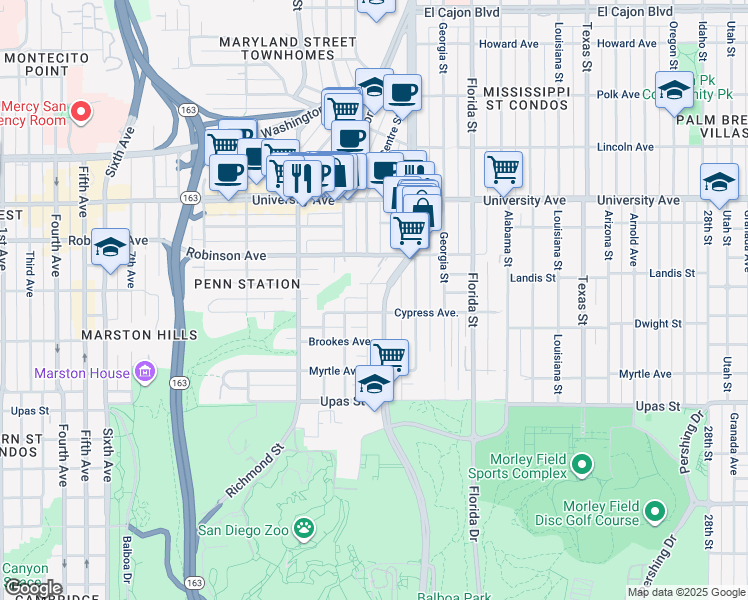 map of restaurants, bars, coffee shops, grocery stores, and more near 1622 Herbert Place in San Diego
