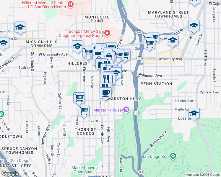 map of restaurants, bars, coffee shops, grocery stores, and more near 3692 Fifth Avenue in San Diego