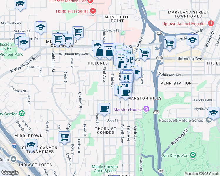 map of restaurants, bars, coffee shops, grocery stores, and more near 3677 1st Avenue in San Diego