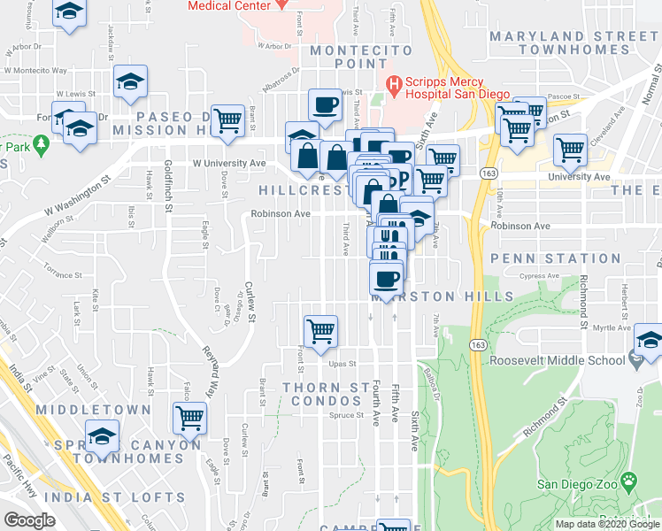 map of restaurants, bars, coffee shops, grocery stores, and more near 3677 1st Avenue in San Diego