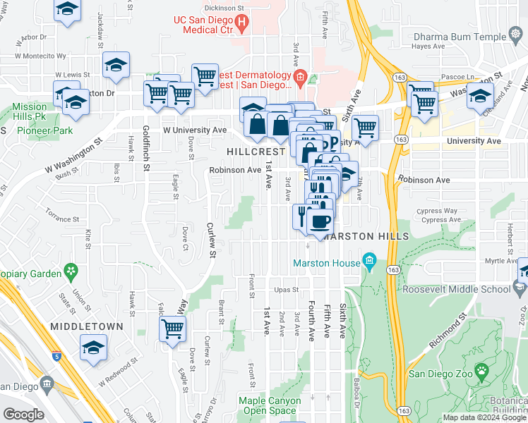 map of restaurants, bars, coffee shops, grocery stores, and more near 3677 1st Avenue in San Diego