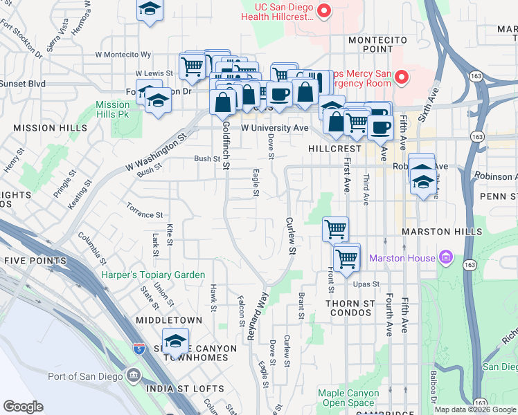map of restaurants, bars, coffee shops, grocery stores, and more near 3693 Eagle Street in San Diego