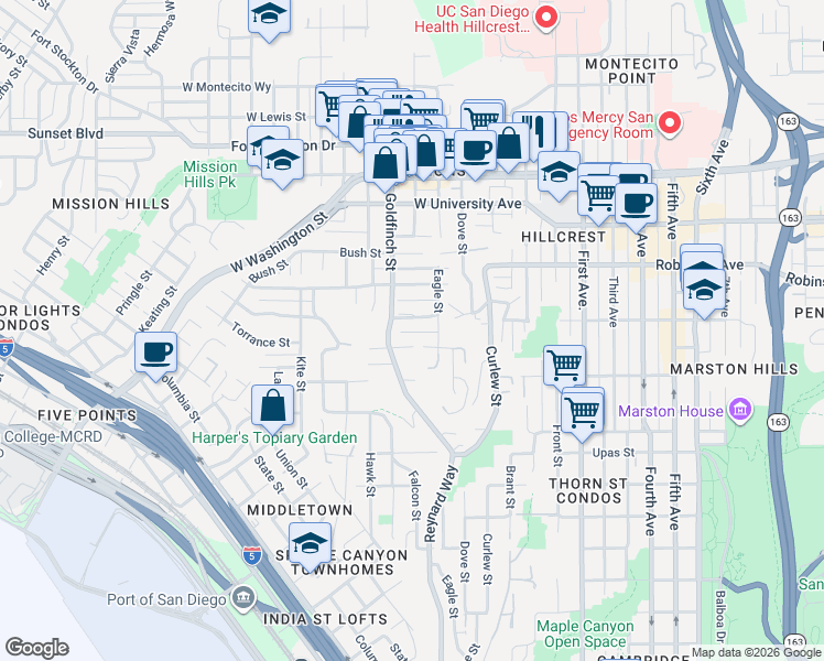 map of restaurants, bars, coffee shops, grocery stores, and more near 825 West Pennsylvania Avenue in San Diego