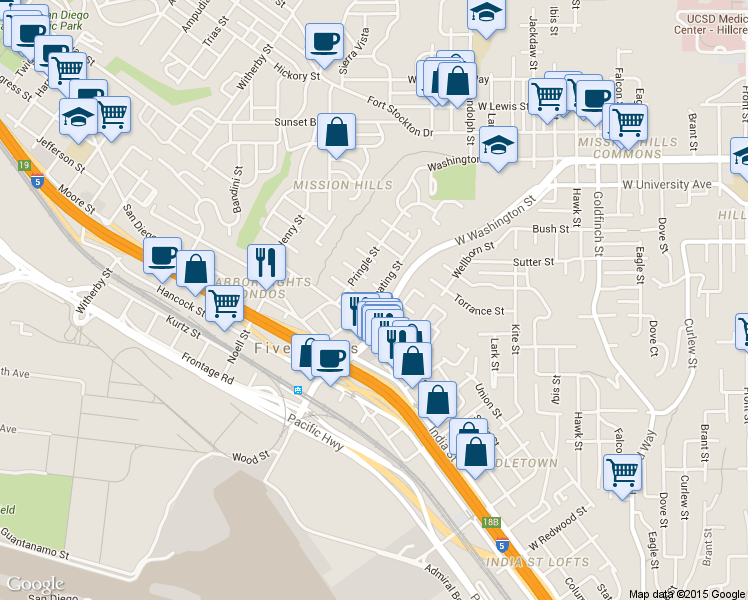 map of restaurants, bars, coffee shops, grocery stores, and more near 1770 Linwood Street in San Diego