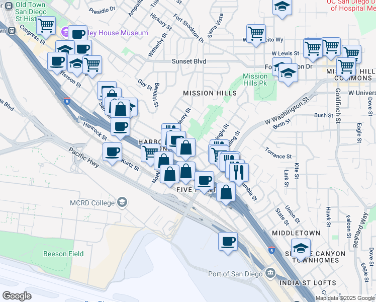 map of restaurants, bars, coffee shops, grocery stores, and more near in San Diego