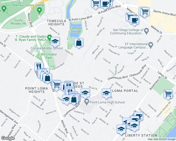 map of restaurants, bars, coffee shops, grocery stores, and more near 3742 - 3788 Curtis Street in San Diego