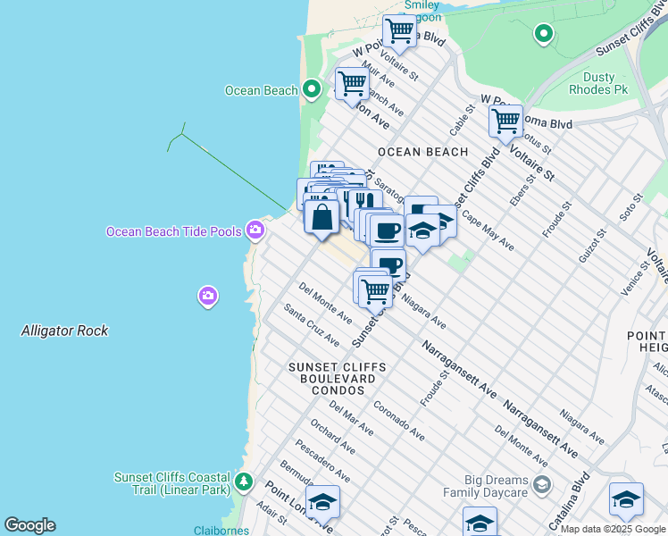 map of restaurants, bars, coffee shops, grocery stores, and more near 4972 Narragansett Avenue in San Diego