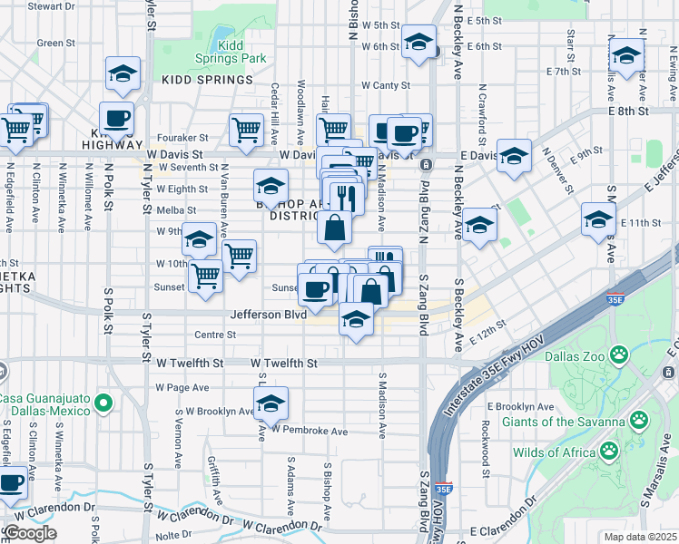 map of restaurants, bars, coffee shops, grocery stores, and more near 334 West 10th Street in Dallas
