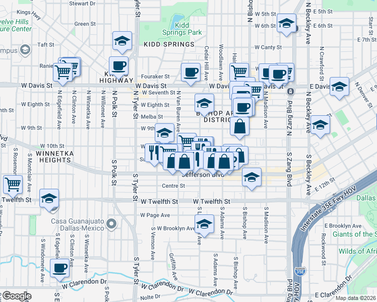 map of restaurants, bars, coffee shops, grocery stores, and more near 602 West 10th Street in Dallas