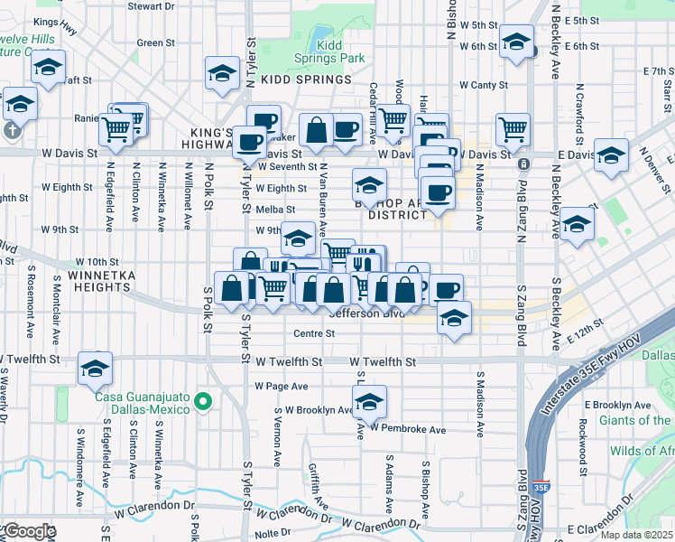 map of restaurants, bars, coffee shops, grocery stores, and more near 700 West 10th Street in Dallas