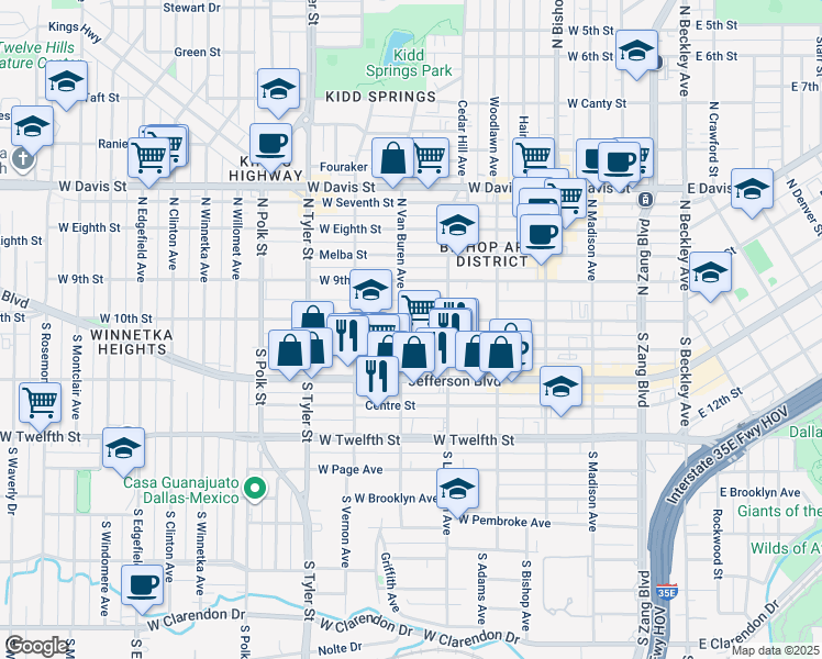 map of restaurants, bars, coffee shops, grocery stores, and more near 700 West 10th Street in Dallas