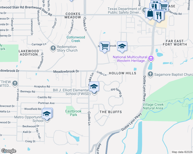 map of restaurants, bars, coffee shops, grocery stores, and more near 2305 Cooks Lane in Fort Worth