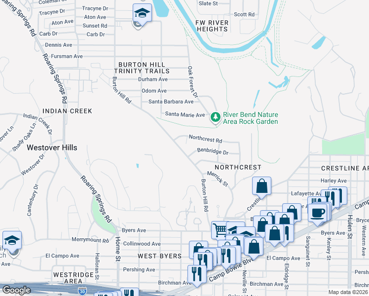 map of restaurants, bars, coffee shops, grocery stores, and more near 1508 Northcrest Court in Fort Worth