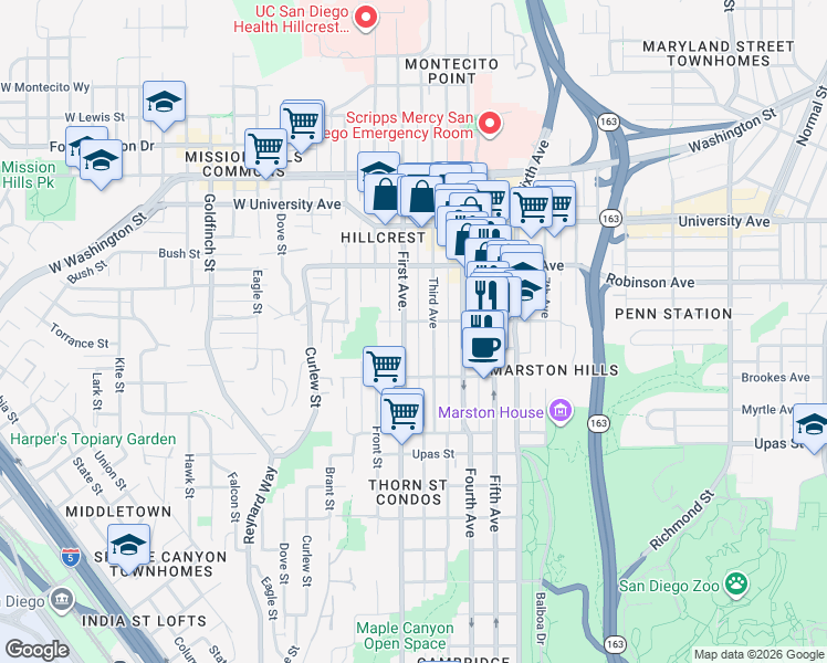 map of restaurants, bars, coffee shops, grocery stores, and more near 3677 1st Avenue in San Diego